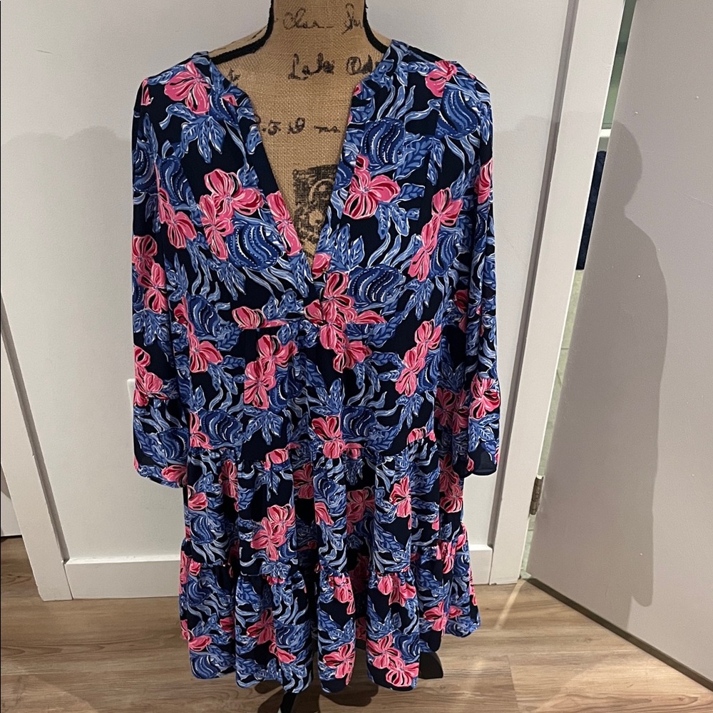 Lilly Pulitzer 3/4 flutter Sleeve Winona Dress - Pink and Blue Floral